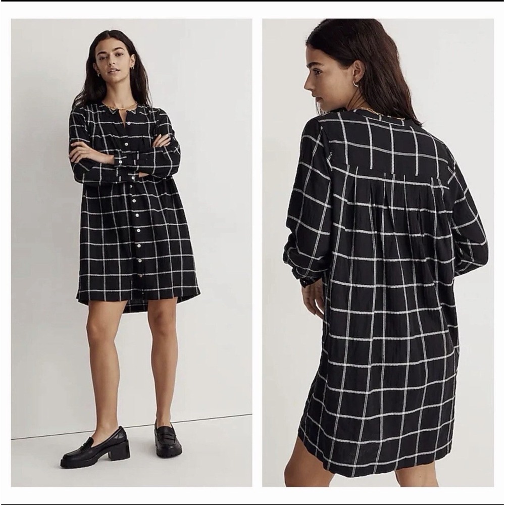 Madewell Collarless Shirtdress in Windowpane Size‎ Xs XSmall Black